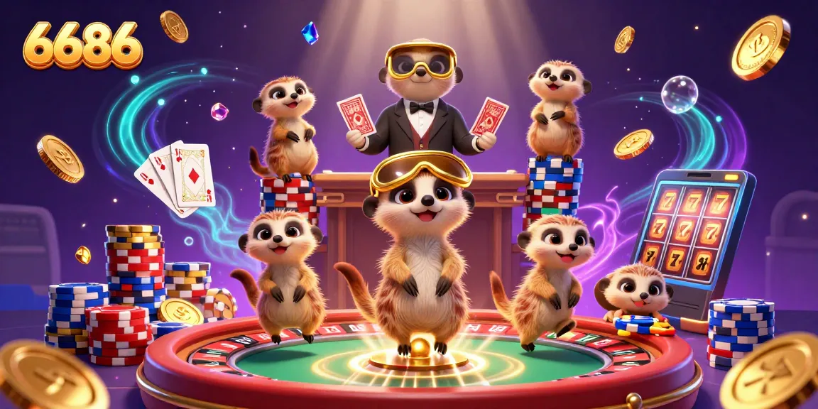 Experience the dazzling casino scene with 6686's meerkat characters managing games and sneaking chips.