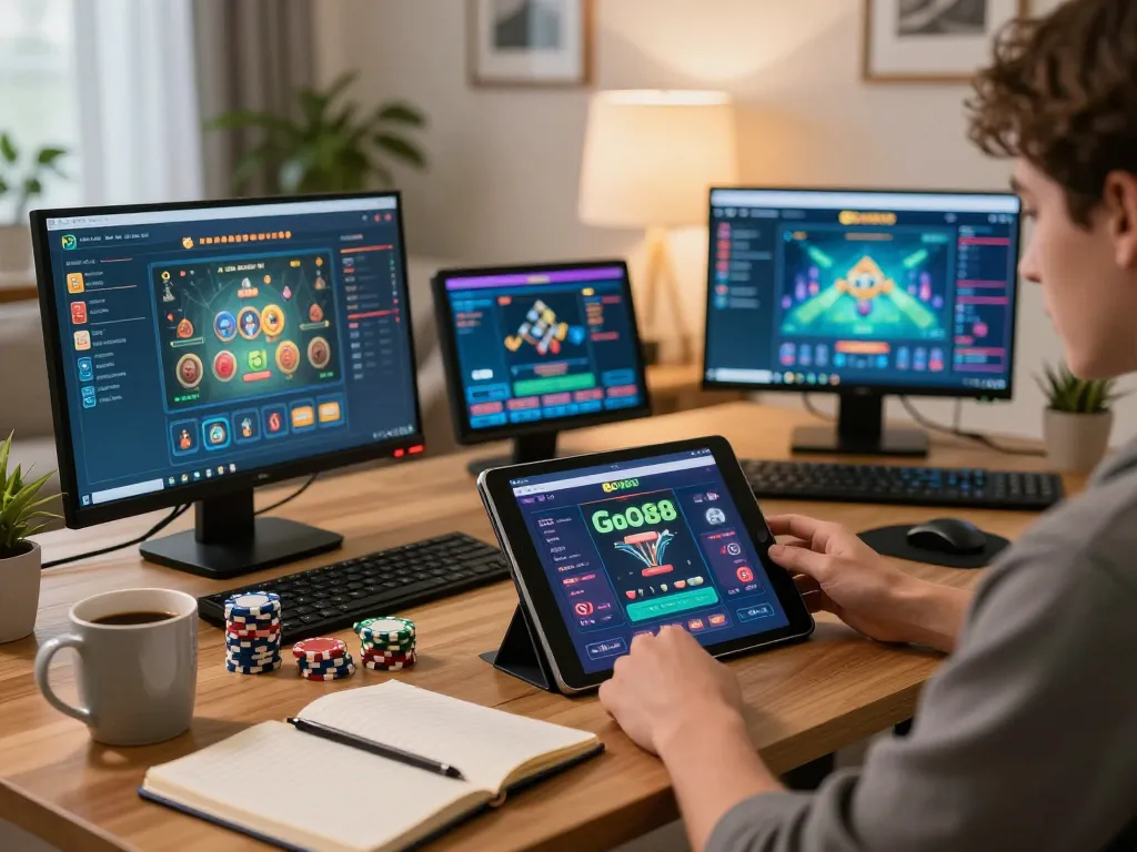 Engaging gameplay on Go88 casino app displayed on tablet in a cozy home environment