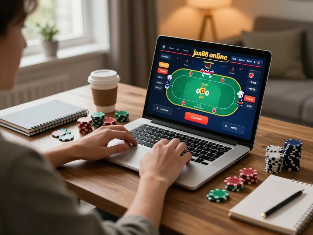 Engaging user playing poker on jun88's online platform from a cozy home setup