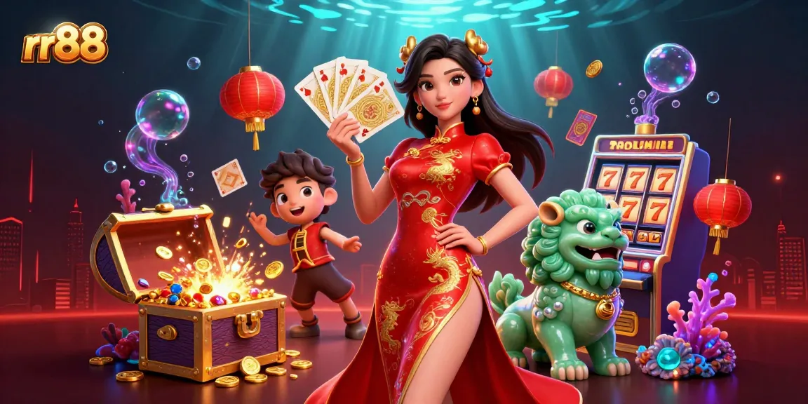 Experience the thrill of rr88 with this vibrant casino illustration featuring cards and treasures.
