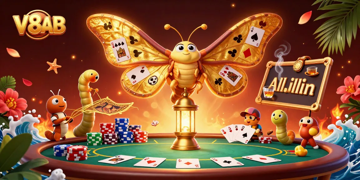 Play exciting poker games at V8AB featuring vibrant scenes with a golden moth and casino elements.