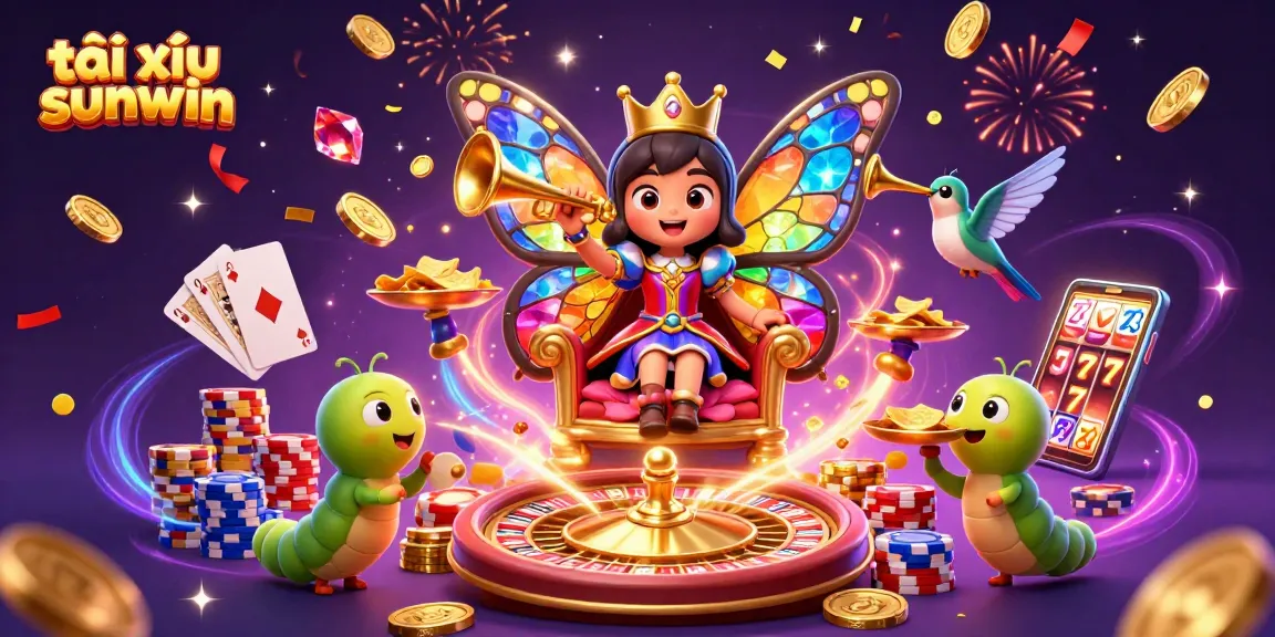Experience the excitement of tài xỉu sunwin with a vibrant illustration of a butterfly queen amidst casino elements.