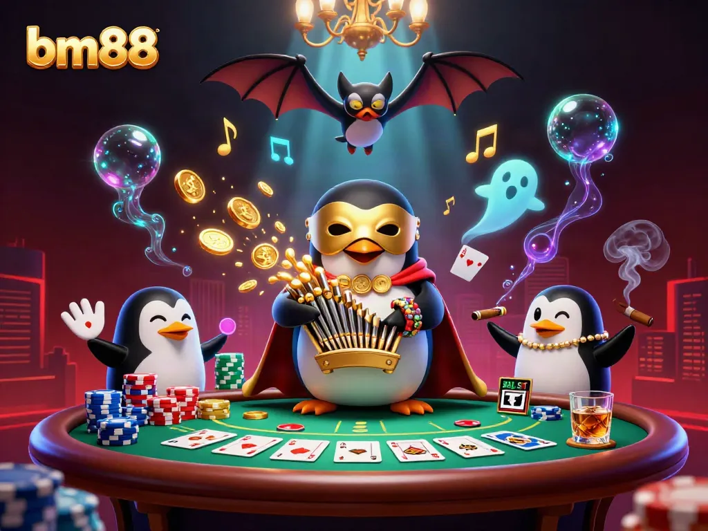 Experience the vibrant atmosphere of bm88 with a penguin playing a golden organ amidst poker excitement.