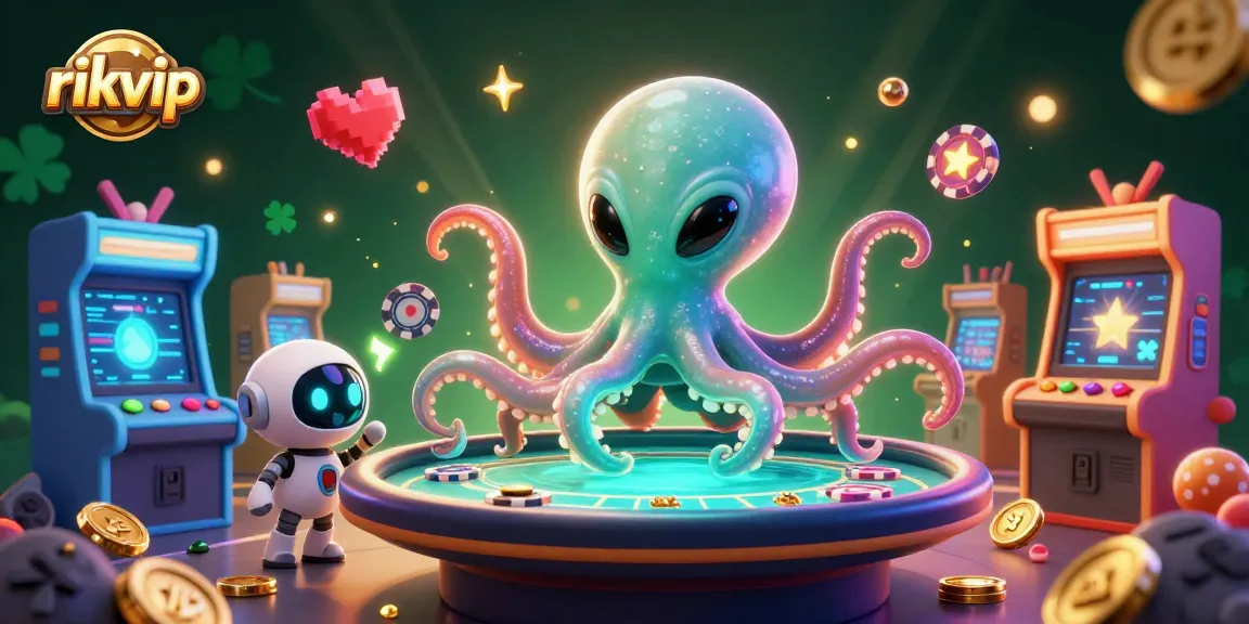 Spin the reels at rikvip with an alien octopus and robot, surrounded by cosmic games and casino chips.