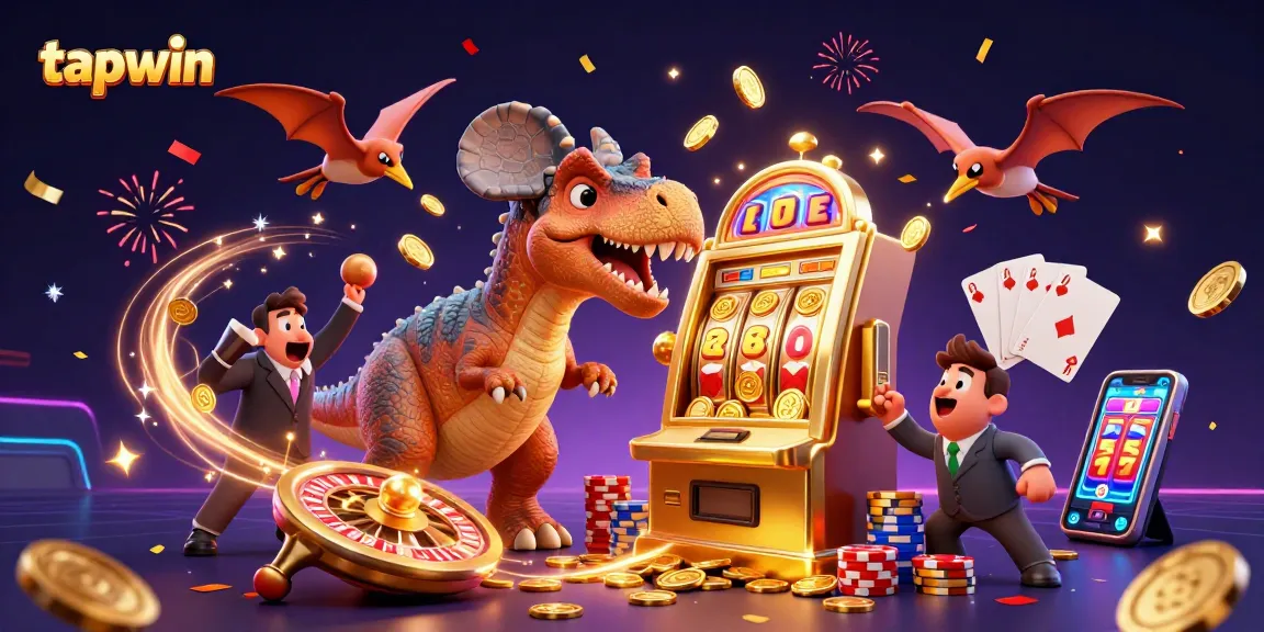 Experience the excitement of tapwin as a pachycephalosaurus hits a golden slot machine amidst flying coins.