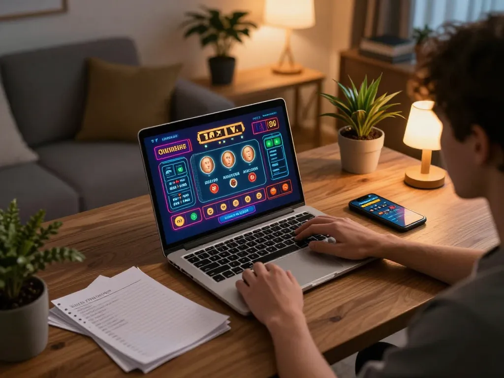 Engaging online gambling scene at https://f168.osaka/ with a player strategizing on a laptop in a cozy setting.