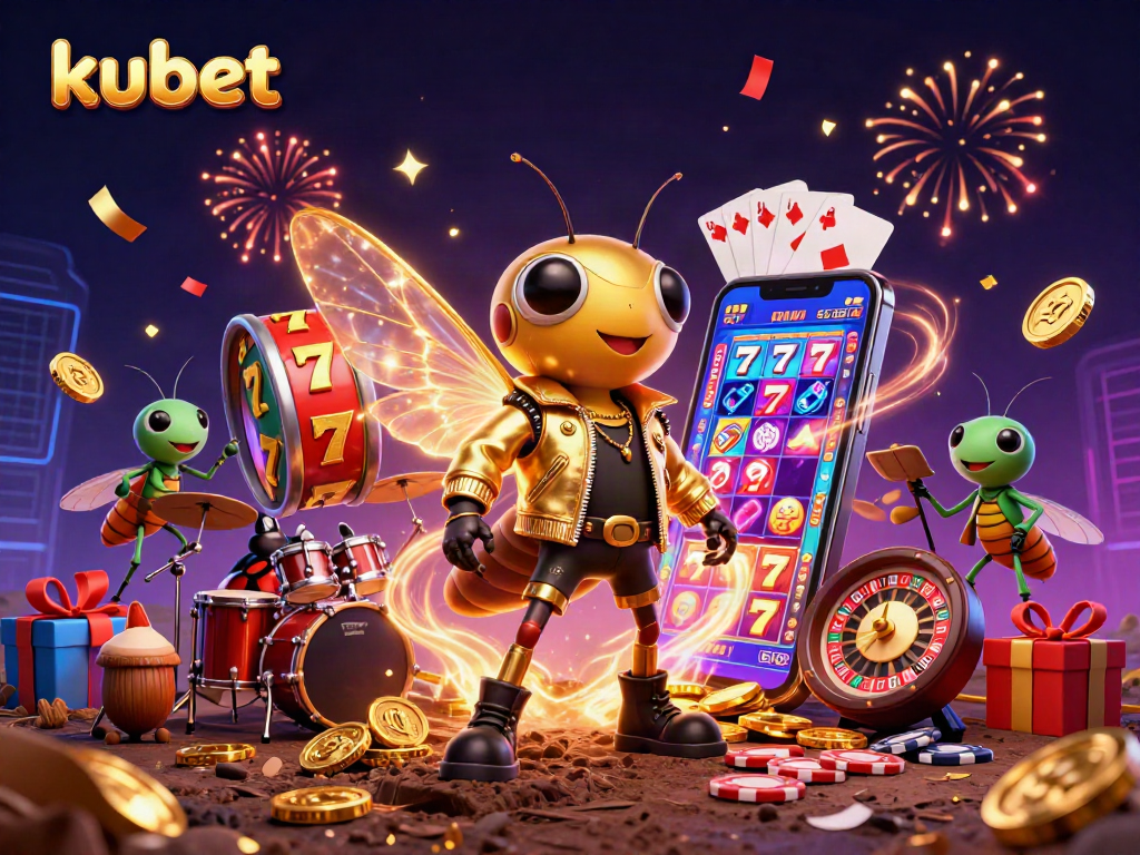 Engage with kubet’s vibrant slot game illustrated by lively characters in a celebratory atmosphere.