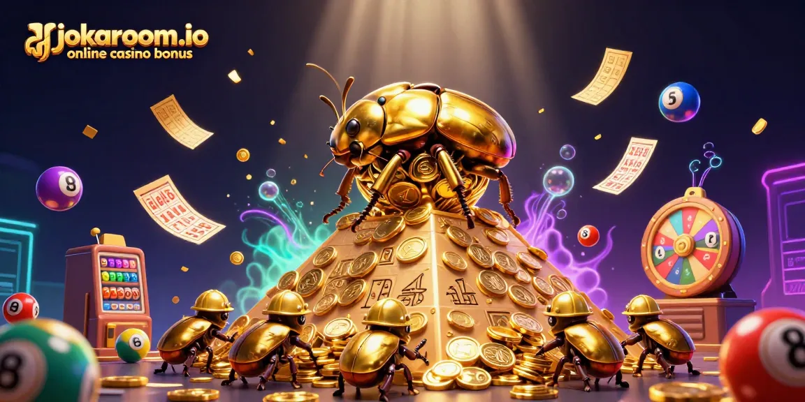 Engage with the jokaroom.io online casino bonus through a fun-filled 3D illustration of golden beetles and lottery elements.