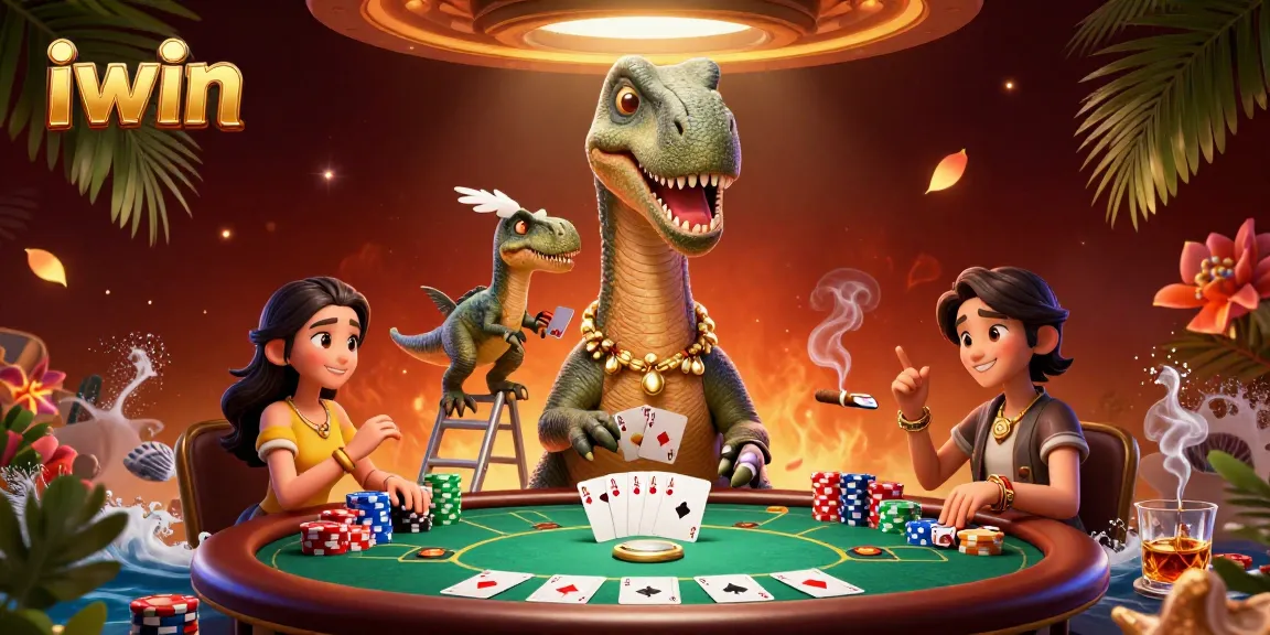 Experience the vibrant world of iwin with a giant brontosaurus and poker action in this stunning illustration.