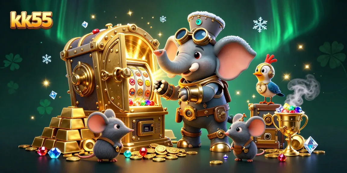 kk55 slot machine experience with steampunk elephant, treasure, and dazzling gems