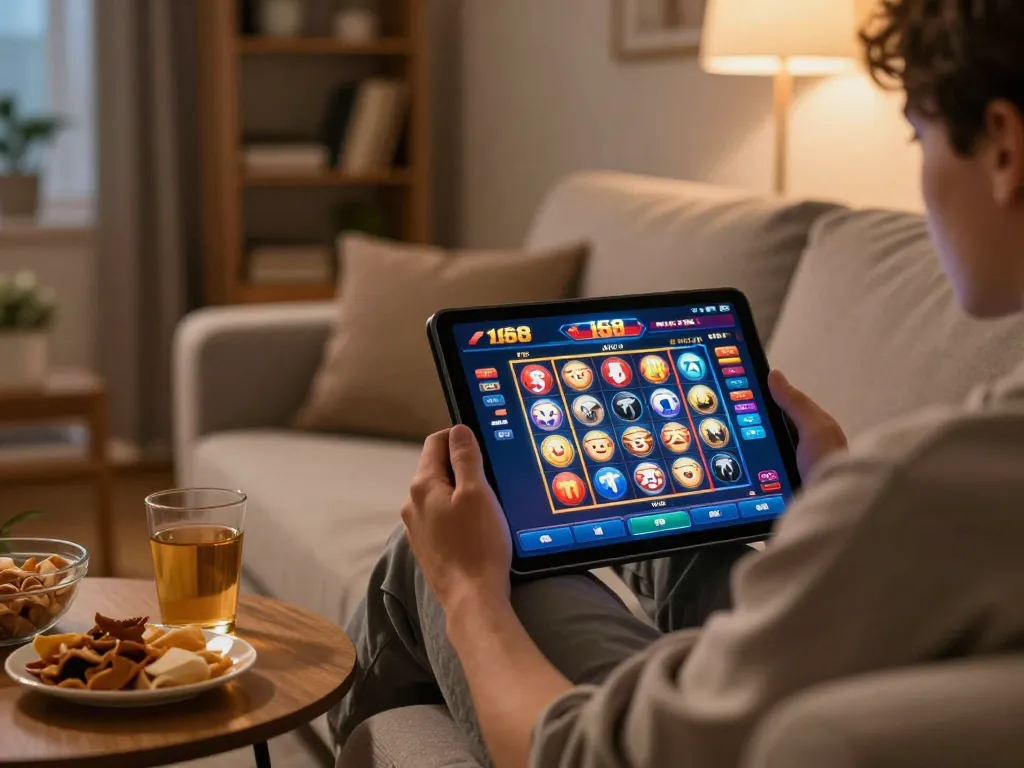 Enjoy playing slots at F 168 on a tablet in a cozy home setting.