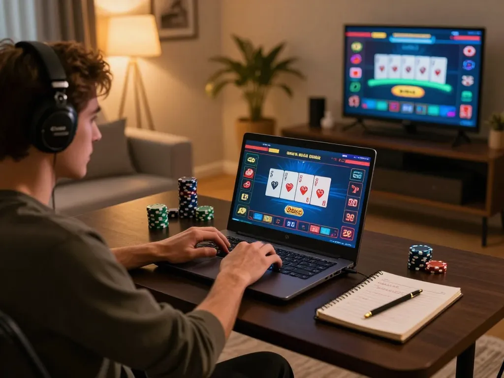 Player engages with 88clb online casino platform at a modern home setting, showcasing vibrant poker gaming.