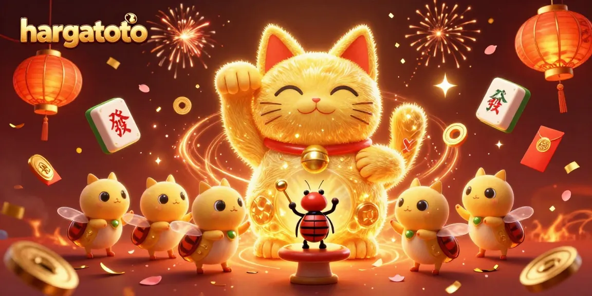 Play games with hargatoto as golden fireflies form a lucky cat amidst casino symbols.