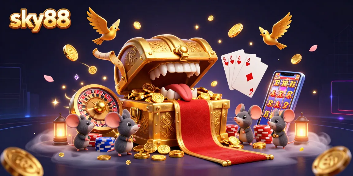 Experience excitement with sky88, featuring a golden treasure chest luring adventurer mice amidst casino riches.