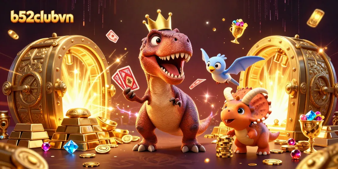 Experience thrilling gameplay at b52clubvn with cartoon dinosaurs playing cards amidst gold treasures.