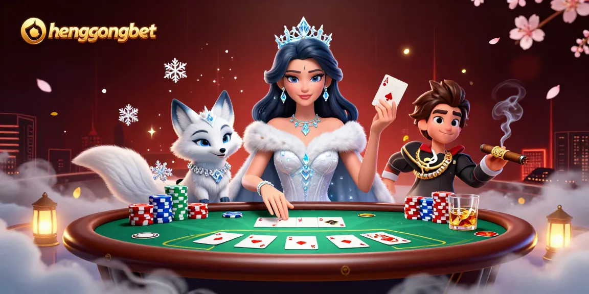 Hengongbet showcases a captivating scene of an elegant woman and a cute arctic fox amidst a vibrant poker game atmosphere.