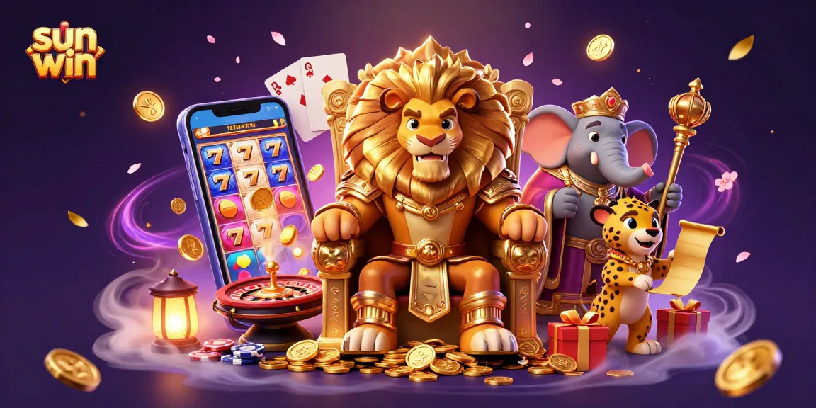 Experience thrilling wins at sun win with a vibrant 3D casino scene featuring dynamic games and characters.
