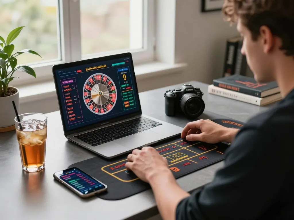 Player engages with shbet's live dealer roulette interface on laptop in a cozy home office