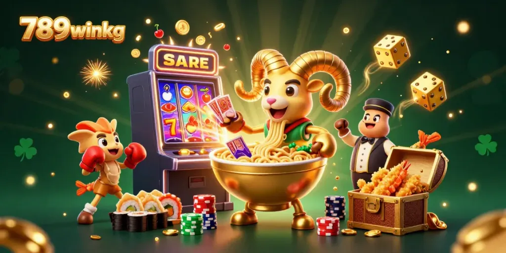 Experience the fun of 789winkg with vibrant casino visuals including a golden ramen bowl and slot machine.