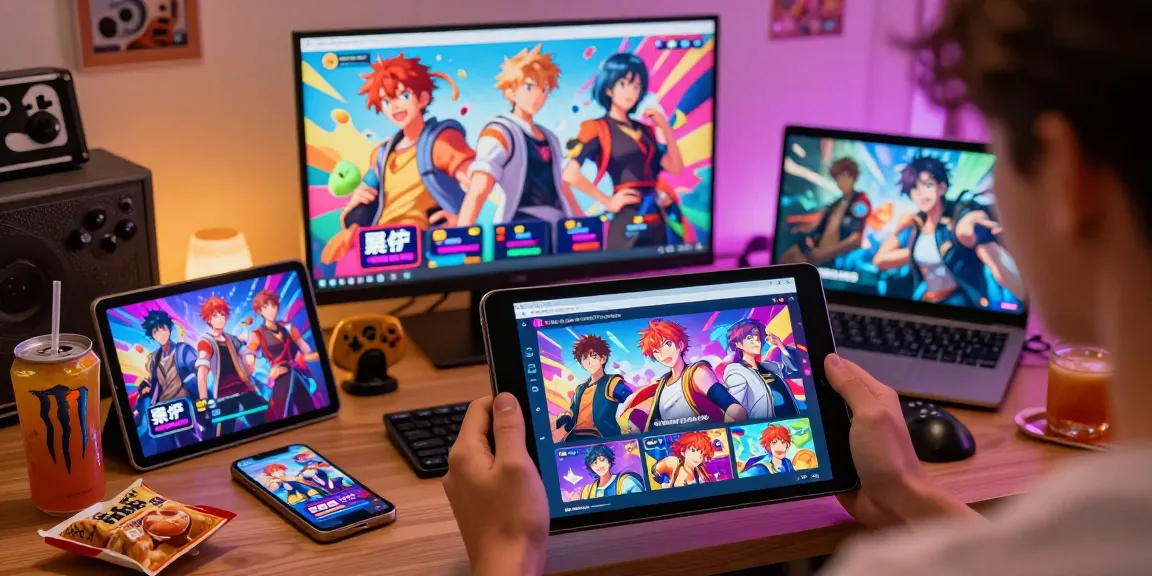 Captivating hentaigame interface on tablet with vibrant characters and interactive elements in a cozy gaming nook.