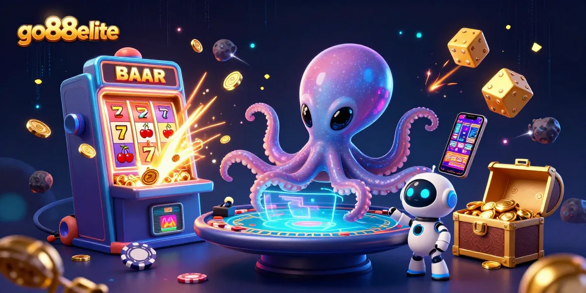 Engage in thrilling gameplay with go88elite's alien octopus and robot at the cosmic poker table.