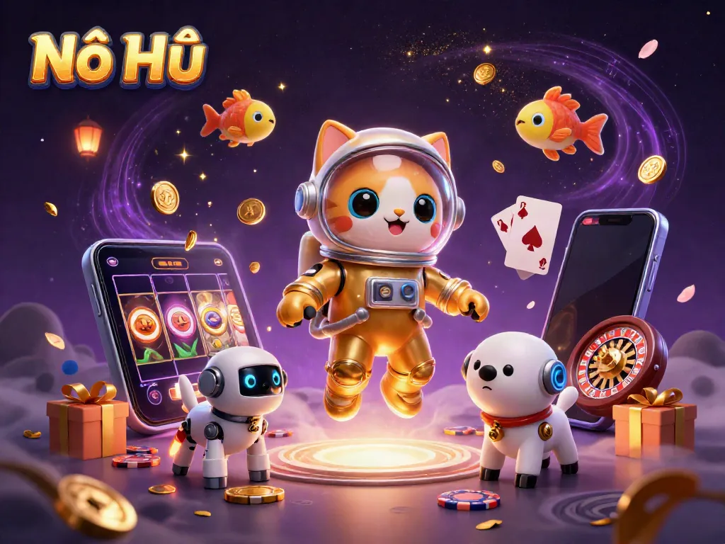 Nổ Hũ features an astronaut cat and robot dog surrounded by vibrant gambling elements in a dynamic casino scene.