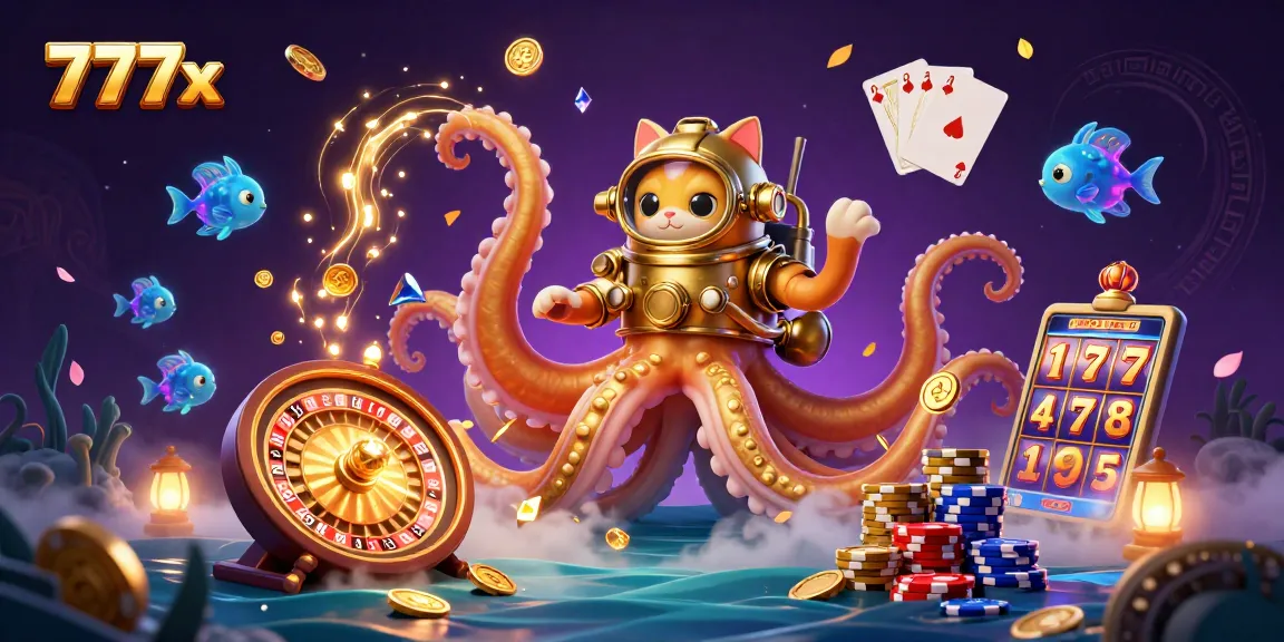 Engage with 777x's vibrant casino scene featuring a kraken, diving cat, and glowing fish amidst golden treasures.