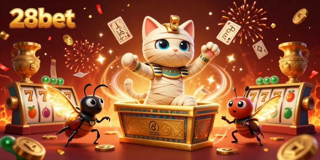 Experience thrilling wins at 28bet with vibrant slot reels and dynamic characters in action.