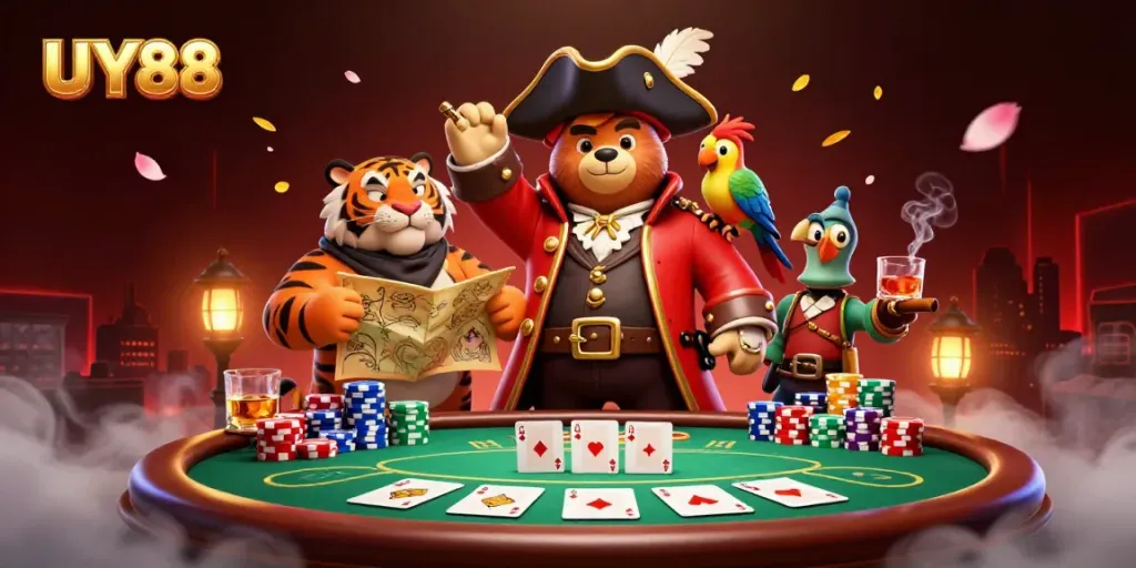 Engaging scene of UY88 showcasing a bear pirate, tiger, and parrot amidst vibrant poker elements.