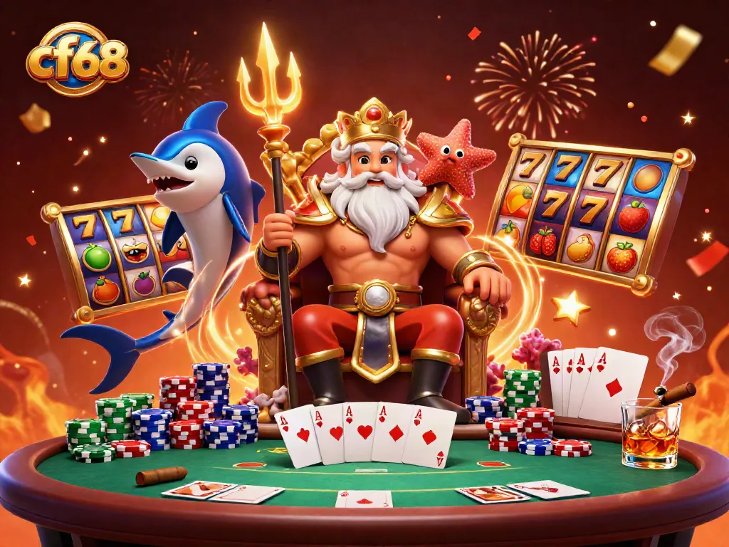 Engage in thrilling games with cf68, where Neptune and companions celebrate a vibrant casino atmosphere.