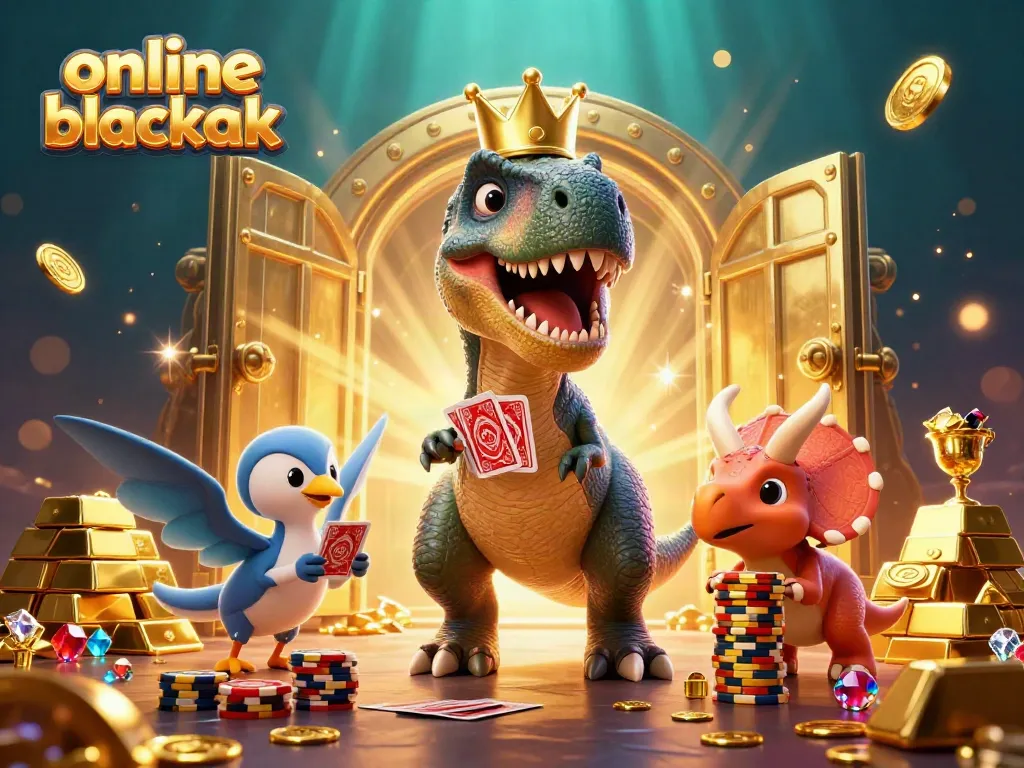 Experience online blackjack with a playful T-Rex card dealer and a triceratops stacking chips in a vibrant casino.