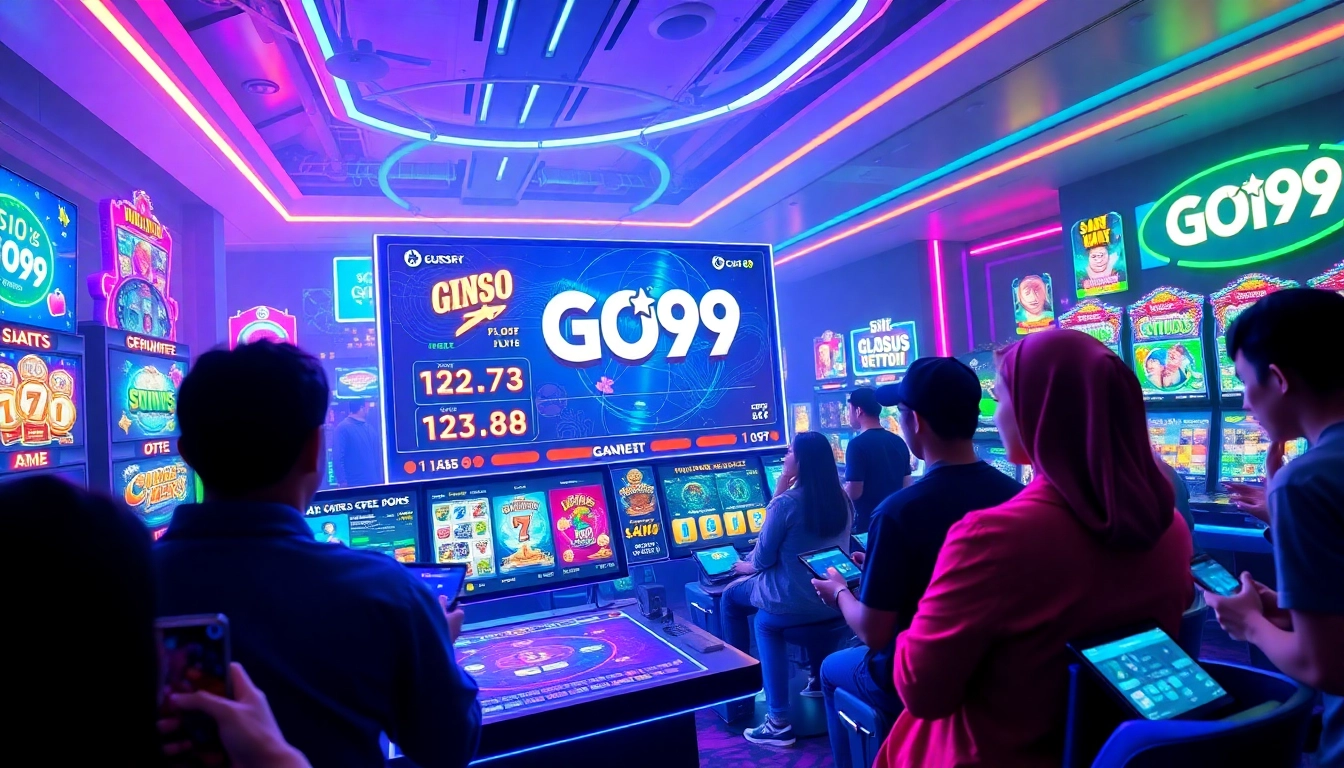 Engaging scene showcasing the GO99 game platform with gamers immersed in action.