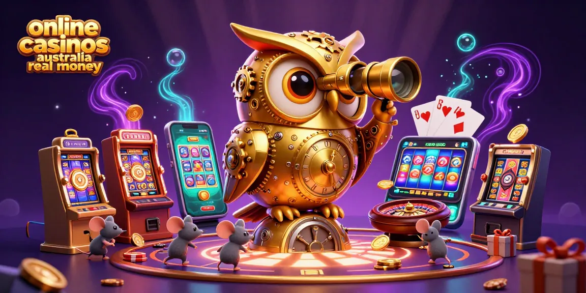Engage with online casinos australia real money featuring a clockwork owl scanning a vivid casino floor with dynamic gaming elements.