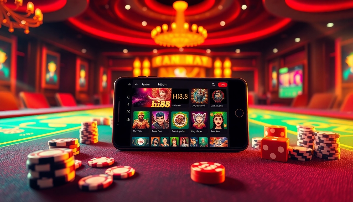 Hi88 online gambling interface with luxurious casino elements like poker chips and dice.