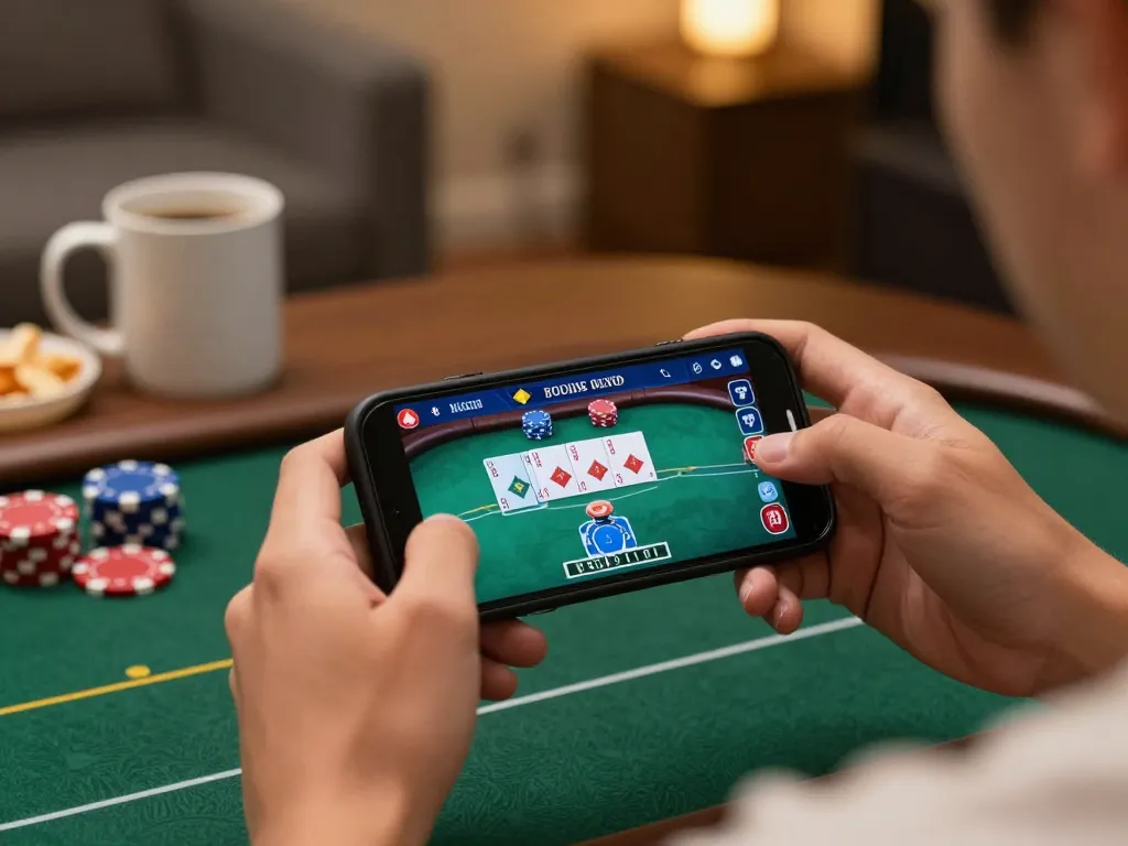 Player enjoying O8 online poker game on smartphone in cozy home environment