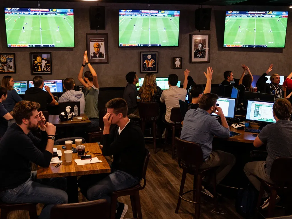 Socolive patrons engaging in sports betting during live football events at a vibrant sports bar