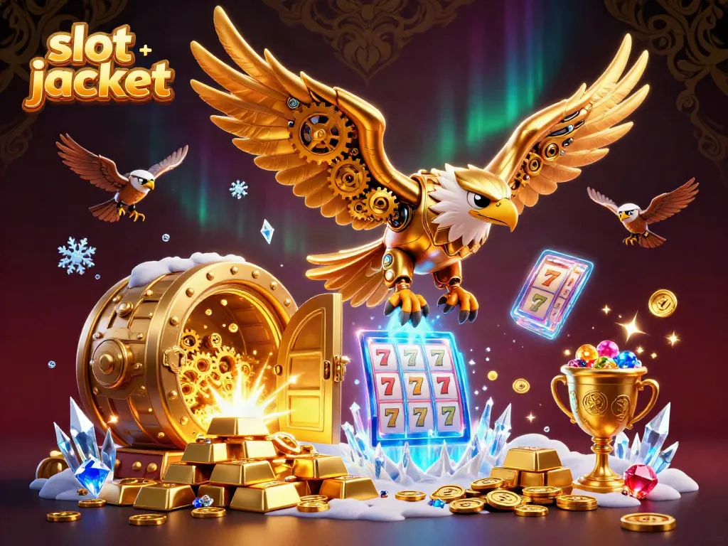 Experience the thrill of a slot jackpot with a cybernetic eagle amidst a treasure-filled scene.