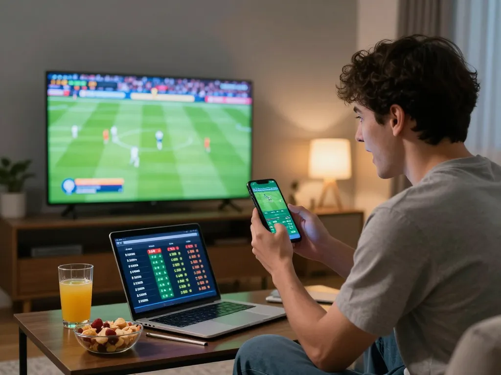 Nowgoal user placing bets on smartphone while enjoying live sports match at home.