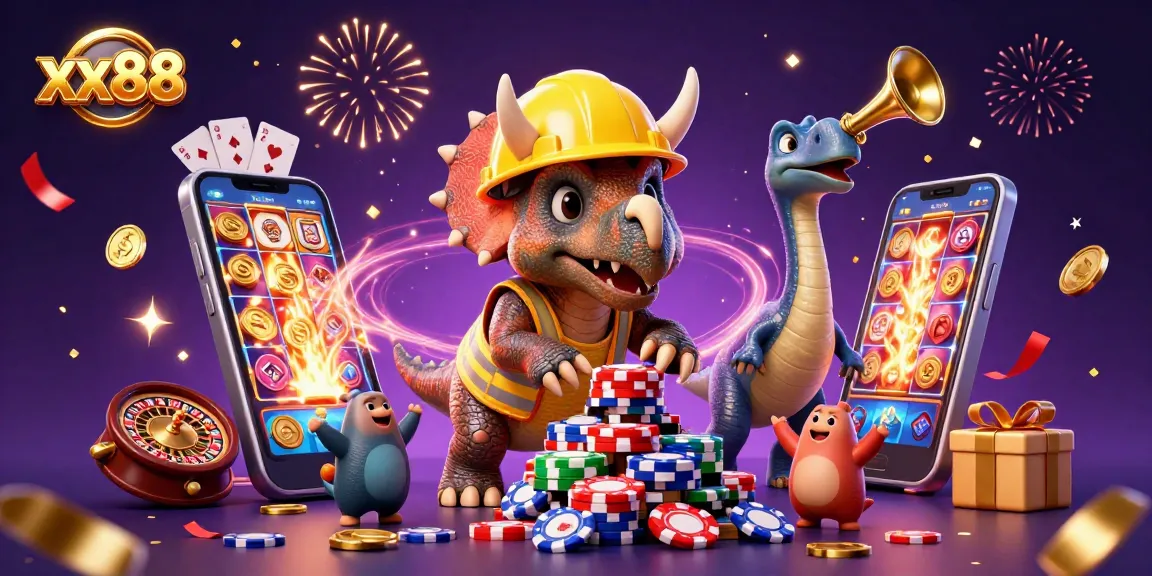 Engage with xx88's dynamic casino world featuring 3D characters, poker chips, and slot games.