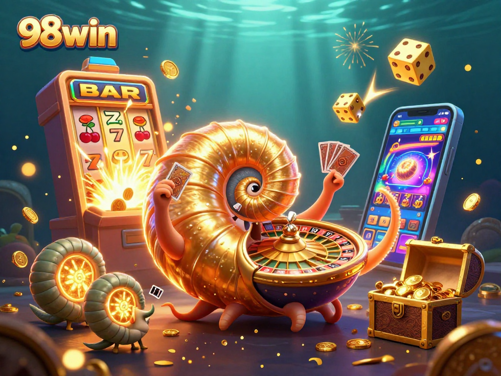 Engage in thrilling gameplay with 98win as the giant nautilus takes center stage amidst vibrant casino elements.