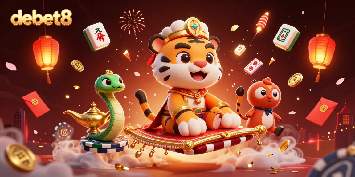 Experience thrilling wins at debet8 with lively games and dynamic atmosphere in this 3D casino illustration.