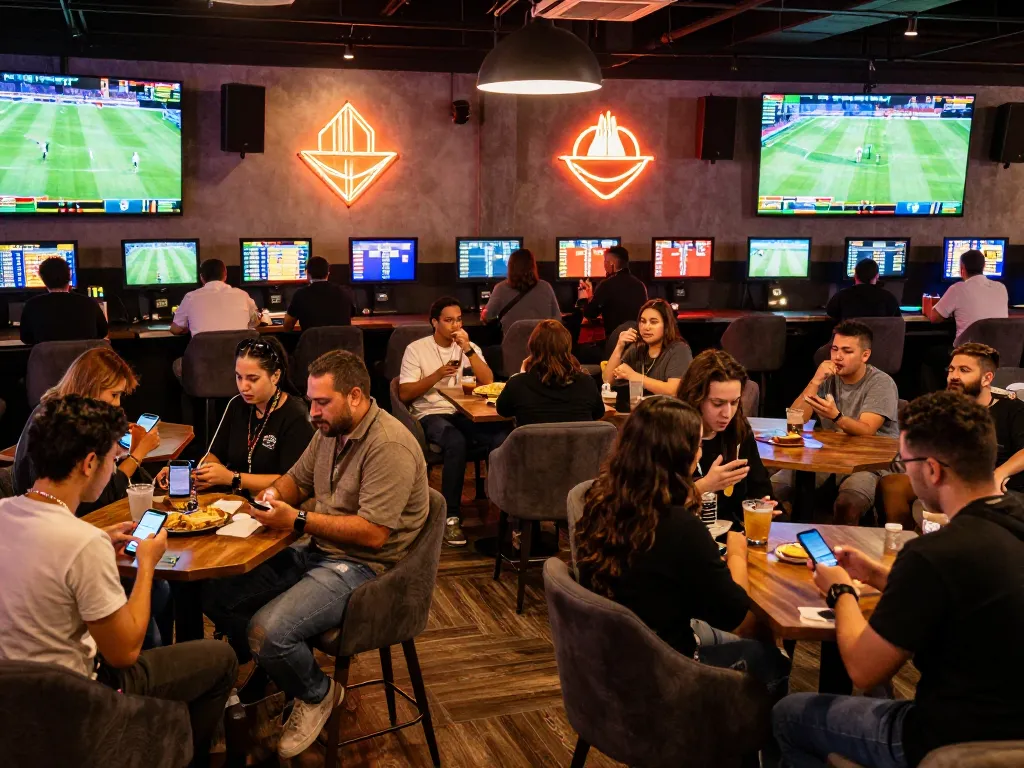 Soi kèo bóng đá in an exciting sports betting lounge with fans engaged in live betting on various screens.