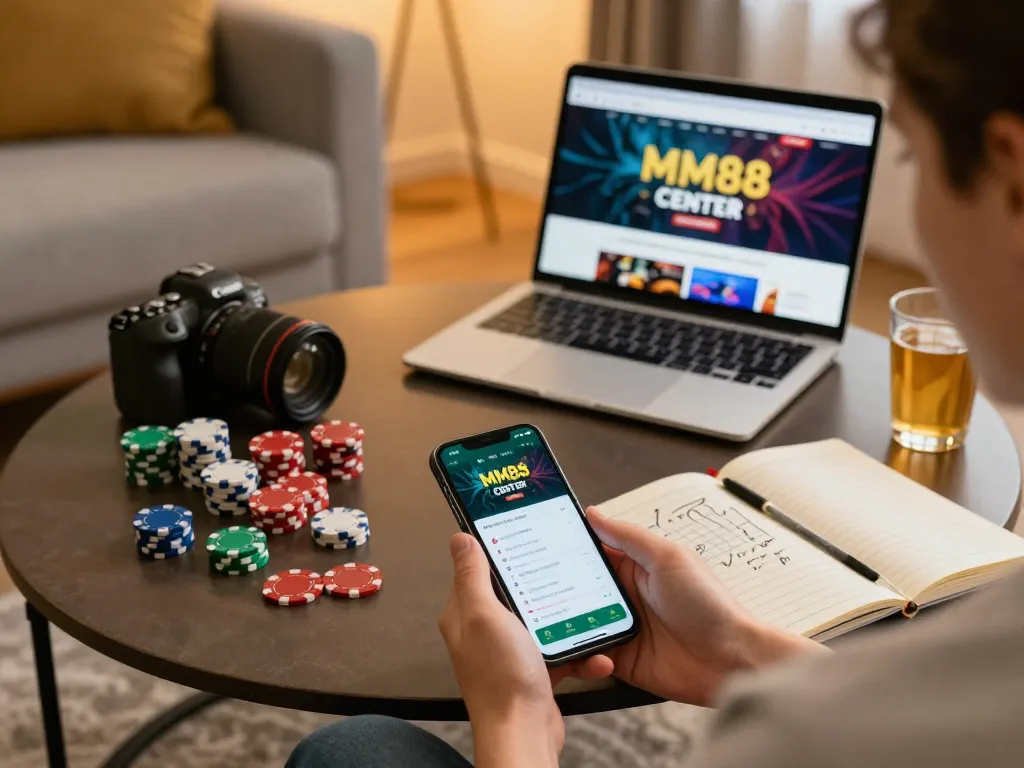 Engaging gaming moment at MM88 CENTER with smartphone displaying casino app, cozy home setup.