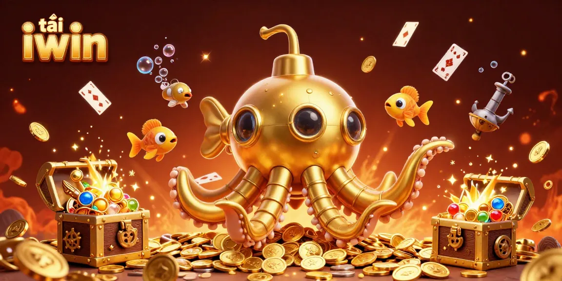Tải iwin with the golden kraken submarine and mechanical fish surrounded by coins and treasure.