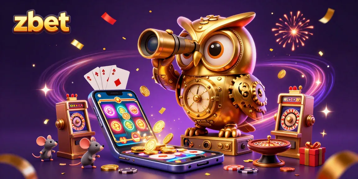 Experience zbet's dynamic casino world with a golden owl, slot games, and vibrant action!