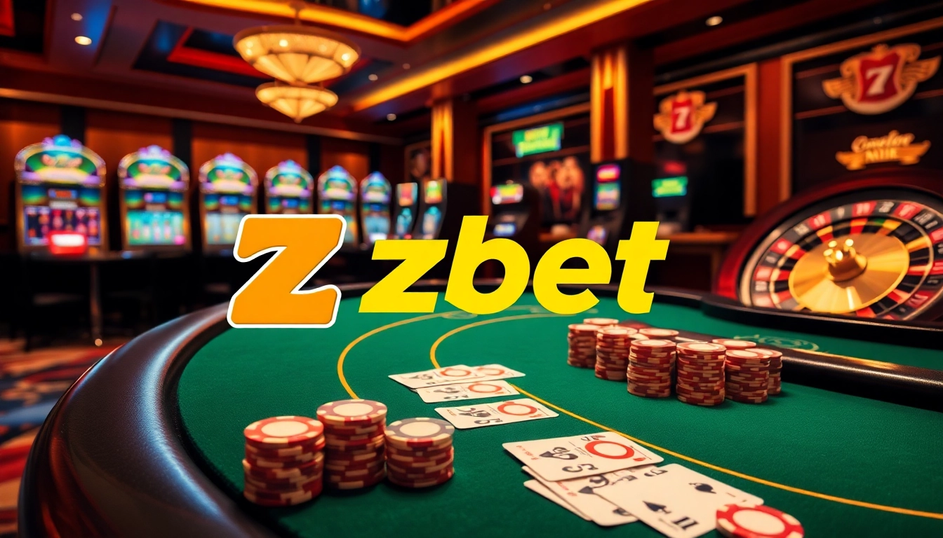 Zbet enhances the thrill of poker with a vibrant casino scene featuring tables and roulette.
