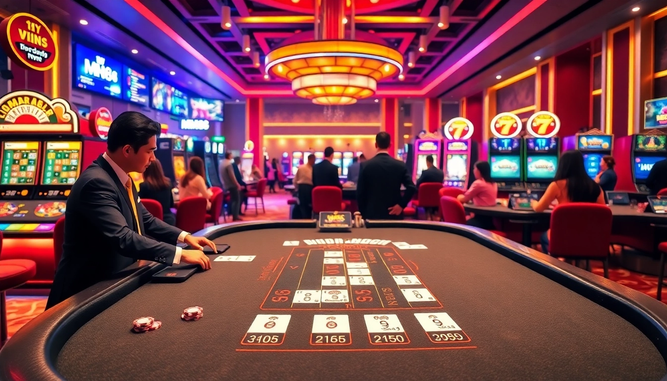 Players strategically engage at an MM88 blackjack table, surrounded by vibrant casino elements.