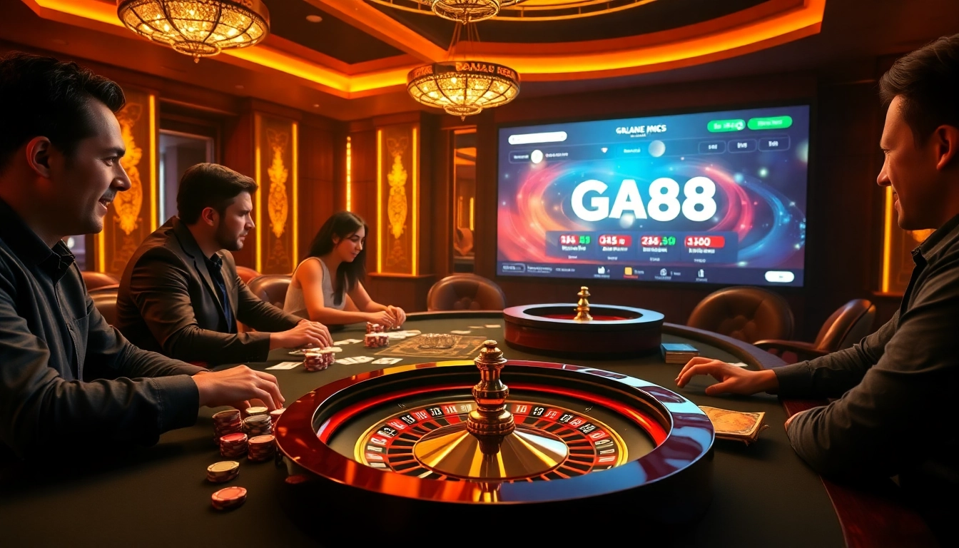 Players enjoying a thrilling game at GA888 casino with vibrant poker chips and roulette wheel.