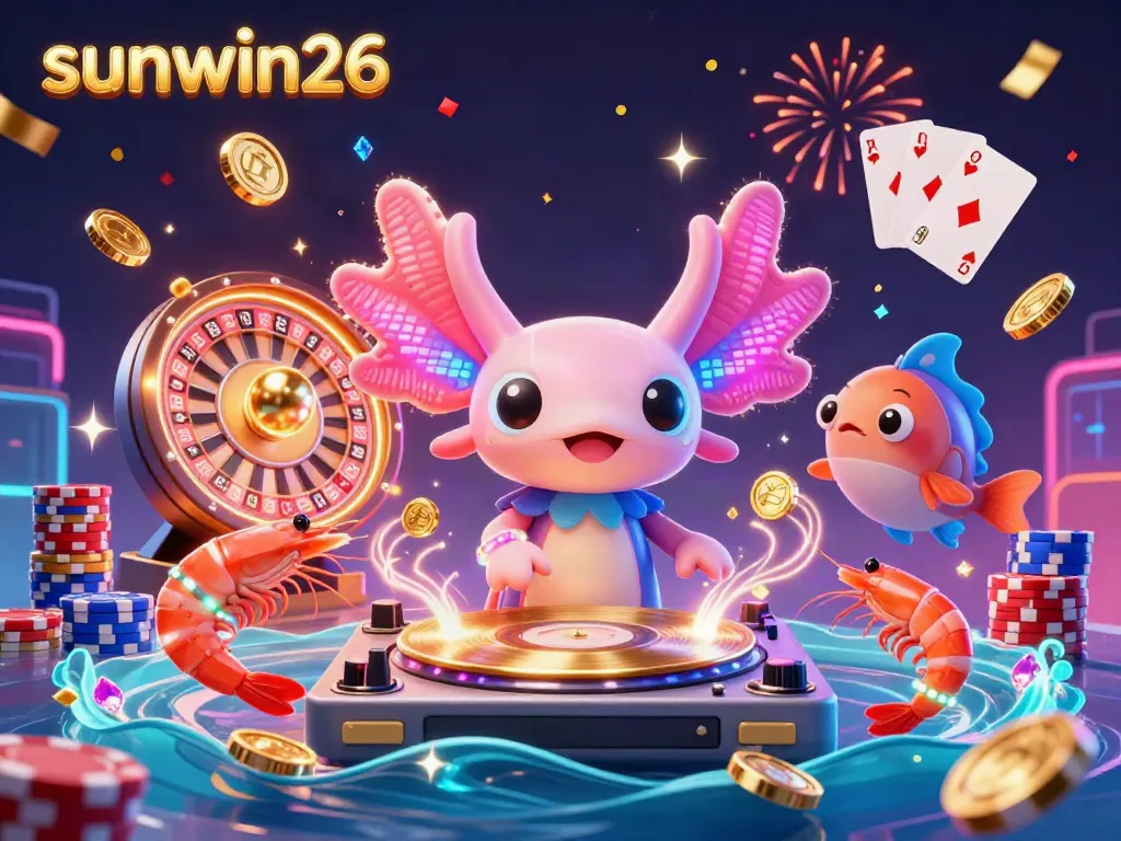 Experience the vibrant world of sunwin26 with our neon-themed 3D casino illustration featuring an axolotl DJ and glowing game elements.