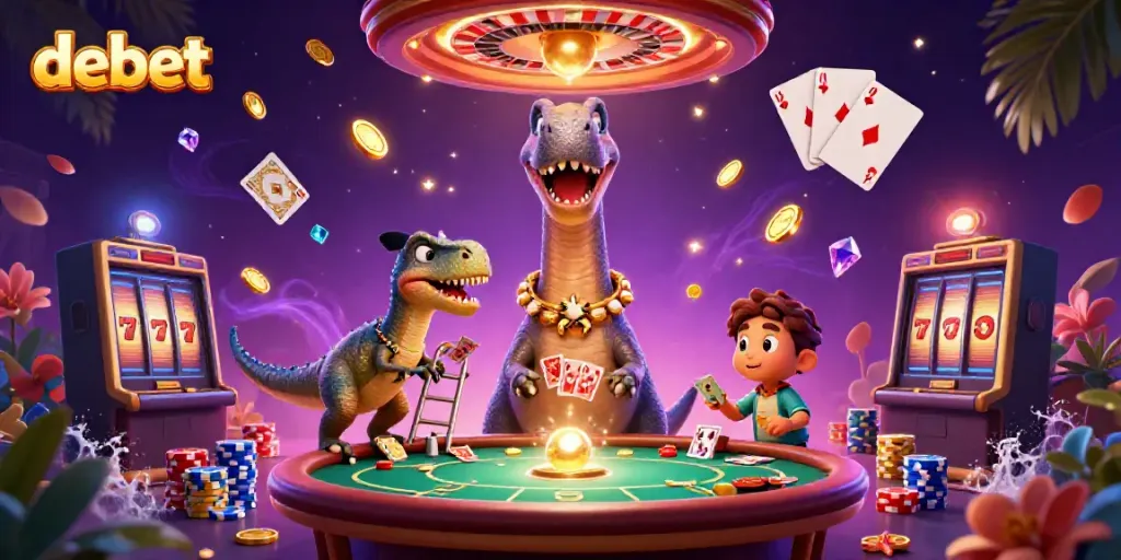Experience the magic of debet casino with a lively scene featuring a cartoon brontosaurus and raptor dealer.